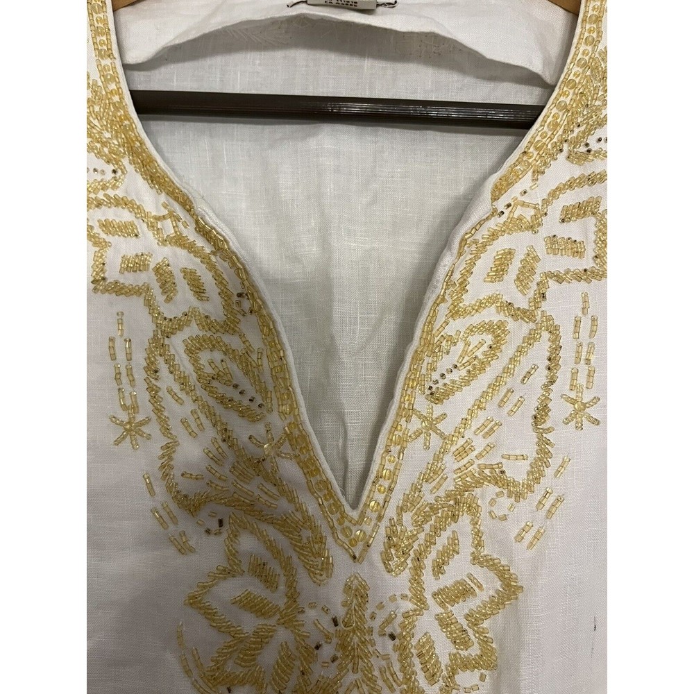 Michael Kors 100% Linen Top Tunic White Beaded Neckline Sleeves Women’s M - Picture 1 of 16
